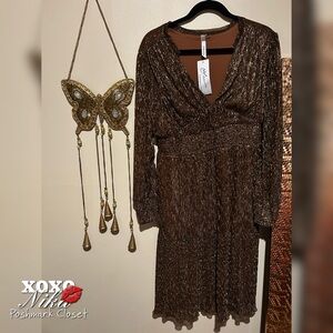 NY Collection Shimmering Gold Long Sleeve Dress - Size XL